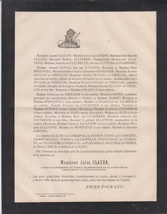 1888 Faire-part décès Jules CLAUDE, Conseiller Préfecture Haute-Vienne Limoges - Imagen 1 de 1