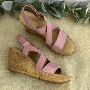 Born Hyuro Riemchen Kork Keilabsatz Sandalen 7 M rosa Leder Gummizug - Bild 1 von 9