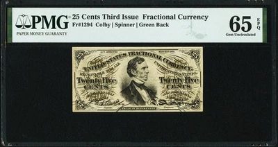FR 1294 - 25c THIRD ISSUE FRACTIONAL - GREEN BACK - PMG 65 EPQ GEM - FREE S/H! - Image 1 of 4