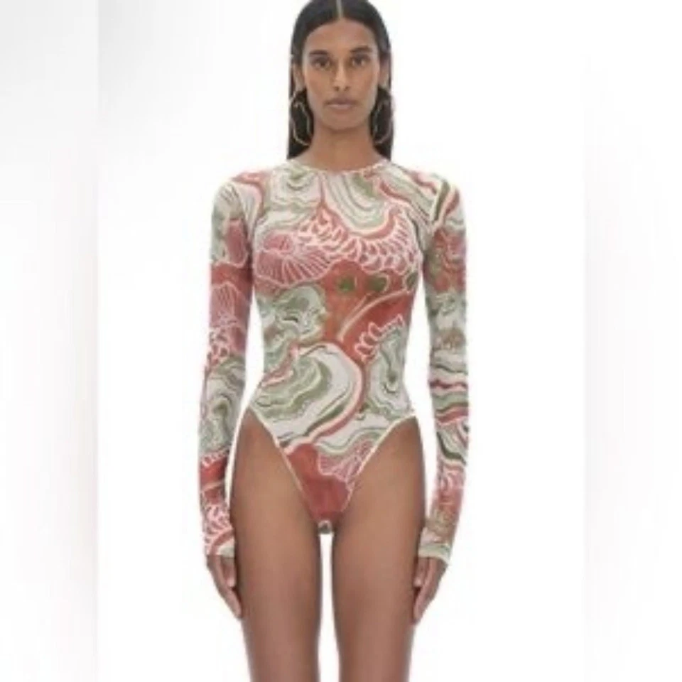 Andrea Iyamah Elle Abstract Mushroom Bodysuit Semi Sheer Mesh Leotard Size S - Image 1 of 4