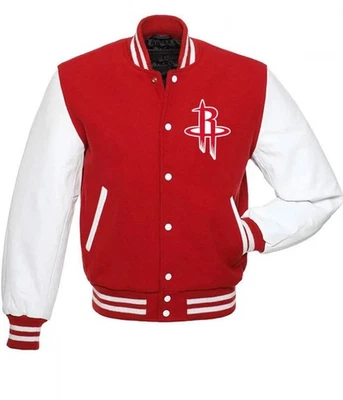 Houston Rockets Red Body White Leather Letterman Baseball Jacket Varsity Jacket - Image 1 of 4