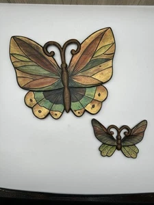 VTG Butterfly Wall art hand painted Carved Set of 2 wood retro Wall Plaque Decor - Picture 1 of 7