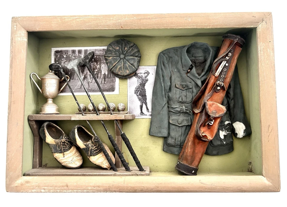 Man Cave Game Room Vintage Frame Art Golf Club Jacket Hat Shoes Balls Trophy Bag - Image 1 of 4
