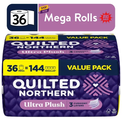36 Mega Rolls Quilted Northern Ultra Plush 3-Ply Toilet Paper