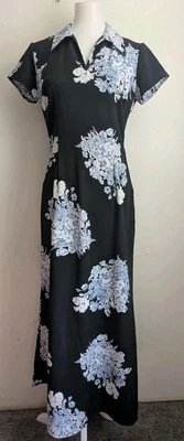 Maxi Vestido Floral Negro Vintage Y2K Años 90 Manga Corta Espalda Cintura Corbata Se Ajusta a 3 4 XS Foto 1 de 4