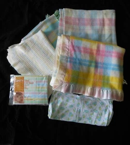 Vtg Mixed Baby Blanket Crib Bassinet Sheet Lot Satin Trim Waffle Weave Curity  - Picture 1 of 11