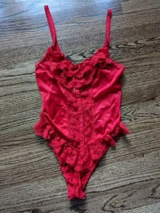 VINTAGE Valentine's Teddy Bodysuit LINGERIE SILKY RED Nylon & Lace Sz S 80s NWOT - Picture 1 of 9