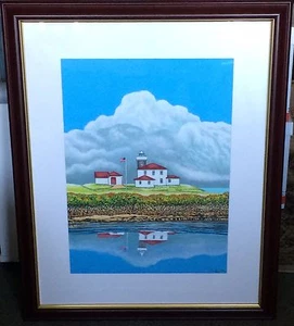 Reloj David Linton 2012 Hill Light RI 16""x22"" enmarcado acuarela faro - Imagen 1 de 4