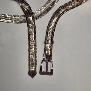 Vintage 1970s Belt Silver Tone Fish Scale Mesh Link Buckle Disco Metallic - Picture 1 of 12
