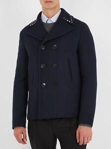 Valentino Rockstud Men's Black Double Breasted Wool Peacoat Size 50 IT/ 40 US