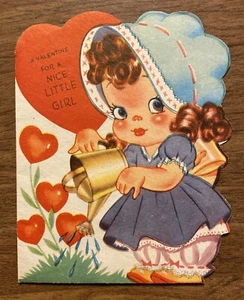 Vintage 1940s Valentines Day Greeting Card Little Girl Watering Flowers - Picture 1 of 12