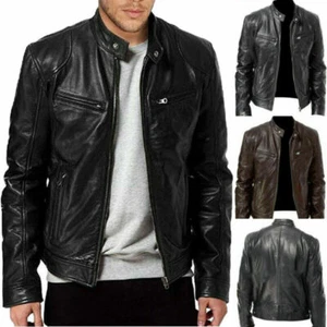 UK Men Vintage Cafe Racer Brown Black Leather Casual Slim Fit Real Biker Jacket - Picture 1 of 20