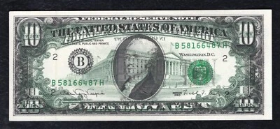1990 $10 FRN “FULL BACK TO FACE OFFSET PRINTING ERROR” GEM UNCIRCULATED - Image 1 of 2