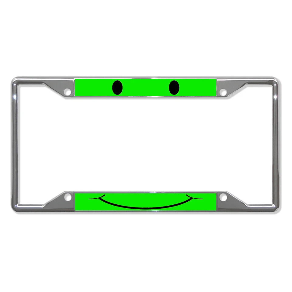 Smiley Face Green Chrome Metal License Plate Frame Tag Holder Four Holes Foto 1 de 1