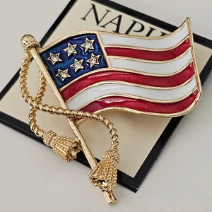 Napier SIGNED American USA Flag On Pole Brooch Pin Enamel Rhinestone NWT - Picture 1 of 4