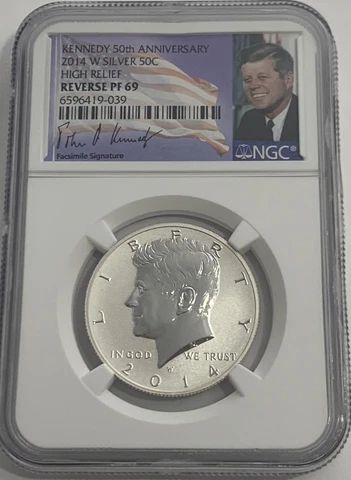 2014 W NGC PF69 SILVER REVERSE PROOF KENNEDY 90 % SIGNATURE 50TH ANNIVERSARY 50c Cover