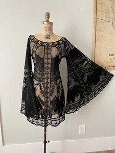 Bohemian Black Bell Sleeve Stevie Nicks Wedding Dress made w Vintage lace Large - Picture 1 of 7