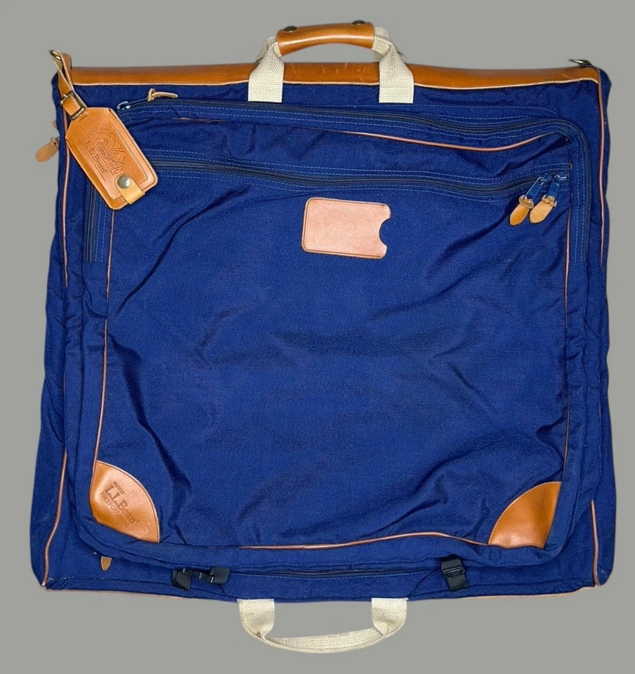 Vtg 80s LL Bean Cotton Canvas Leather Trim Garment Bag Navy Blue Luggage Tag EUC - Image 1 of 4