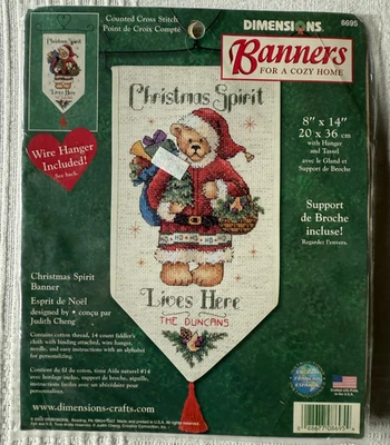 DIMENSIONS BANNERS CROSS STITCH KIT "CHRISTMAS SPIRIT LIVES HERE" #8695.  NEW! - Image 1 of 4