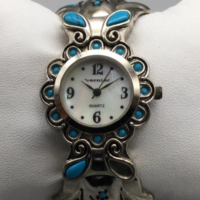 Vernier Womens Bracelet Watch 30mm Silver Tone Blue Stone Southwest New Battery - Image 1 of 4