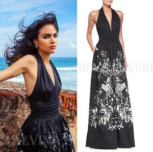 ROBERTO CAVALLI GOWN BONNARD FOIL PRINT COTTON HALTER LONG DRESS $2,925 38 US 2 - Picture 1 of 12