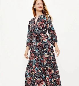 Ann Taylor LOFT Womans Shimmer Paisley Dress Tie Neck Midi Forever Folk Blue SP - Picture 1 of 11