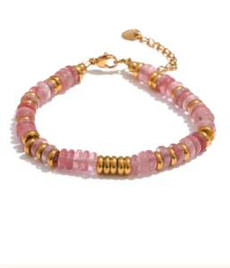 Natural Stone Pink Gold Plated Beaded Waterproof Bracelet Bangle-Stainless Steel - Picture 1 of 19