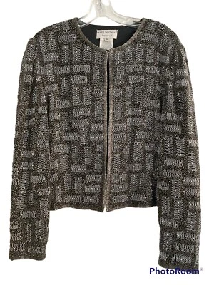 Papell Boutique Evening Silk Beaded Silver Gray Black Formal Trophy Jacket! M - Image 1 of 4