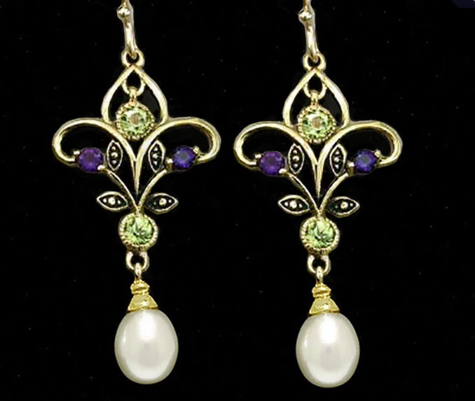 Genuine 9ct Gold Natural Peridot, Amethyst Pearl Suffragette Chandelier Earrings - Image 1 of 1