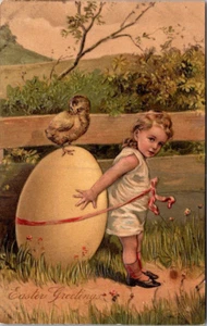EASTER GREETINGS - GIRL TIED TO YELLOW EGG - PFB 7566 - 1908 EMBOSSED POSTCARD - Bild 1 von 2