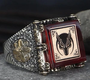 Silver Men's Jewelry Turkish Made Natural Stone Men's Wolf Symbol Amber Stone - Picture 1 of 4