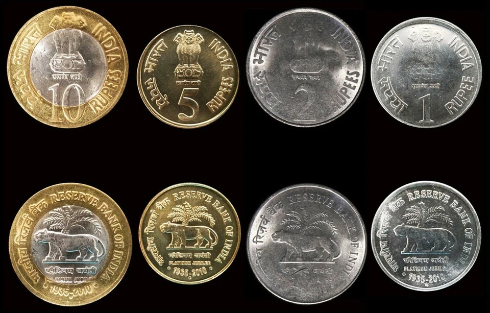 India Set Of 4 Coins, 1 2 5 10 Rupees 2010, UNC, set With Tiger - Image 1 of 3