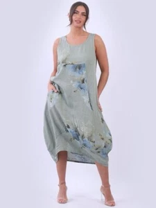 Floral Italian Lagenlook Long Boho Pocket Linen Ladies Dress- 38"CHEST 10-12-14 - Picture 1 of 3
