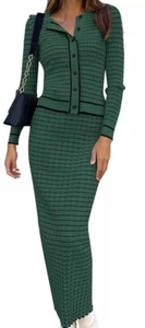 Women’s Green Black Striped Matching Maxi Skirt & Cardigan Sweater Small - Picture 1 of 6