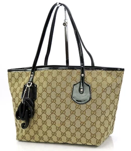 Auth GUCCI Brown GG Canvas and Black Patent Leather Tote Bag Purse #61212 - Picture 1 of 18