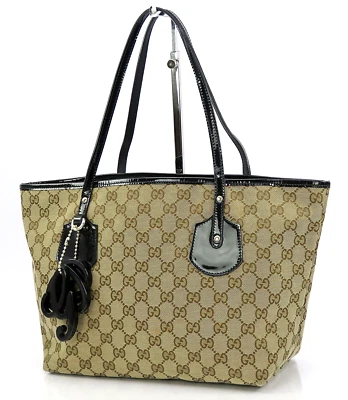 Auth GUCCI Brown GG Canvas and Black Patent Leather Tote Bag Purse #61212 - Image 1 of 4
