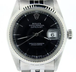 Mens Rolex Datejust Stainless Steel Watch 18K White Gold Bezel Black Dial 16014 - Picture 1 of 6