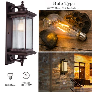 E26 Outdoor Wall Light Fixture Large Exterior Porch Light w/Seeded Glass Shad - Picture 1 of 11