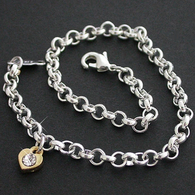 2 Tonos | CRISTAL CORAZÓN ENCANTO BELCHER Eslabón 12" PLATA EP TOBILLERA PIE CADENA TOBILLO  Foto 1 de 4