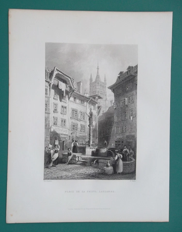 SUIZA Fuente del Ayuntamiento de Lausana Place Palud - Impresión de 1838 por Bartlett Foto 1 de 1
