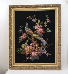 Arazzo vintage completo punto ago uccellino rose cornice ornata oro 30” x 25” - Foto 1 di 12