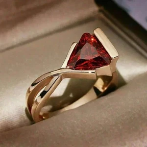 3Ct Trillion Cut Lab Created Red Garnet Women's Pretty Ring 14K Rose Gold Plated - Picture 1 of 7