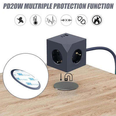 Socket Cube with USB C, 3 Compartment Multiple Socket Cube Flat Plug Socket - Image 1 of 4