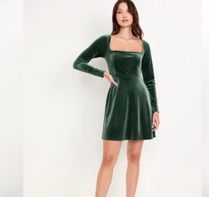 Old Navy Women's Fit & Flare Velvet Mini Dress Size M Dark Green Fairy Romantic - Picture 1 of 9