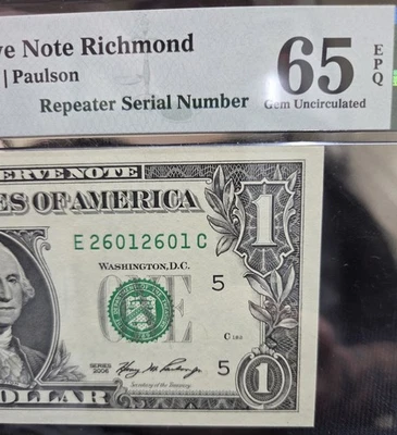 Fr1932-e $1 BILL *REPEATER* SERIAL NUMBER 26012601 / 65EPQ - Image 1 of 3