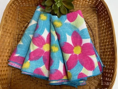 Vintage Cloth Napkins Pink Blue Turquoise Floral Print Boho Set of 4 Watercolor - Image 1 of 3