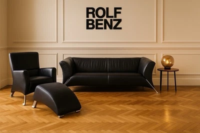 Rolf Benz 322 Designer Leather Sofa Suite - Armchair, 2-Seater Sofa & Footstool - Image 1 of 4