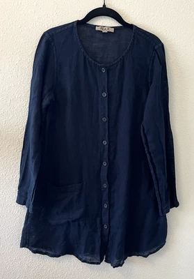 Flax Dress Women's Petite Long Sleeve Navy Linen Cotton Buttons Pocket Lagenlook - Image 1 of 4