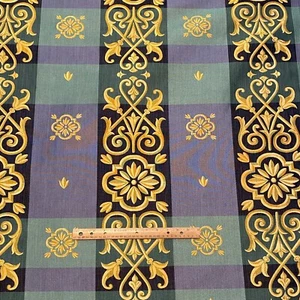 Vintage Medallion Check Upholstery Decor Fabric Blue Yellow READ - Picture 1 of 6