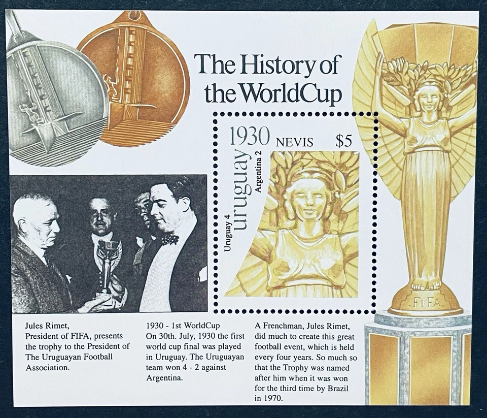 HOJA RECUERDO SELLO FÚTBOL NEVIS LA HISTORIA DE LA COPA DEL MUNDO MNH 2001 DEPORTES Foto 1 de 1
